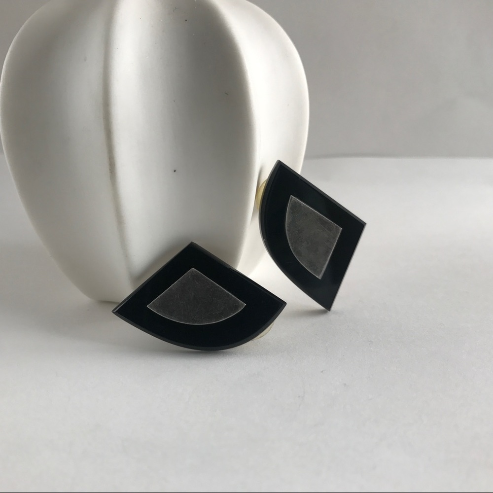 Taxco Sterling Silver & Onyx Modernist Earrings